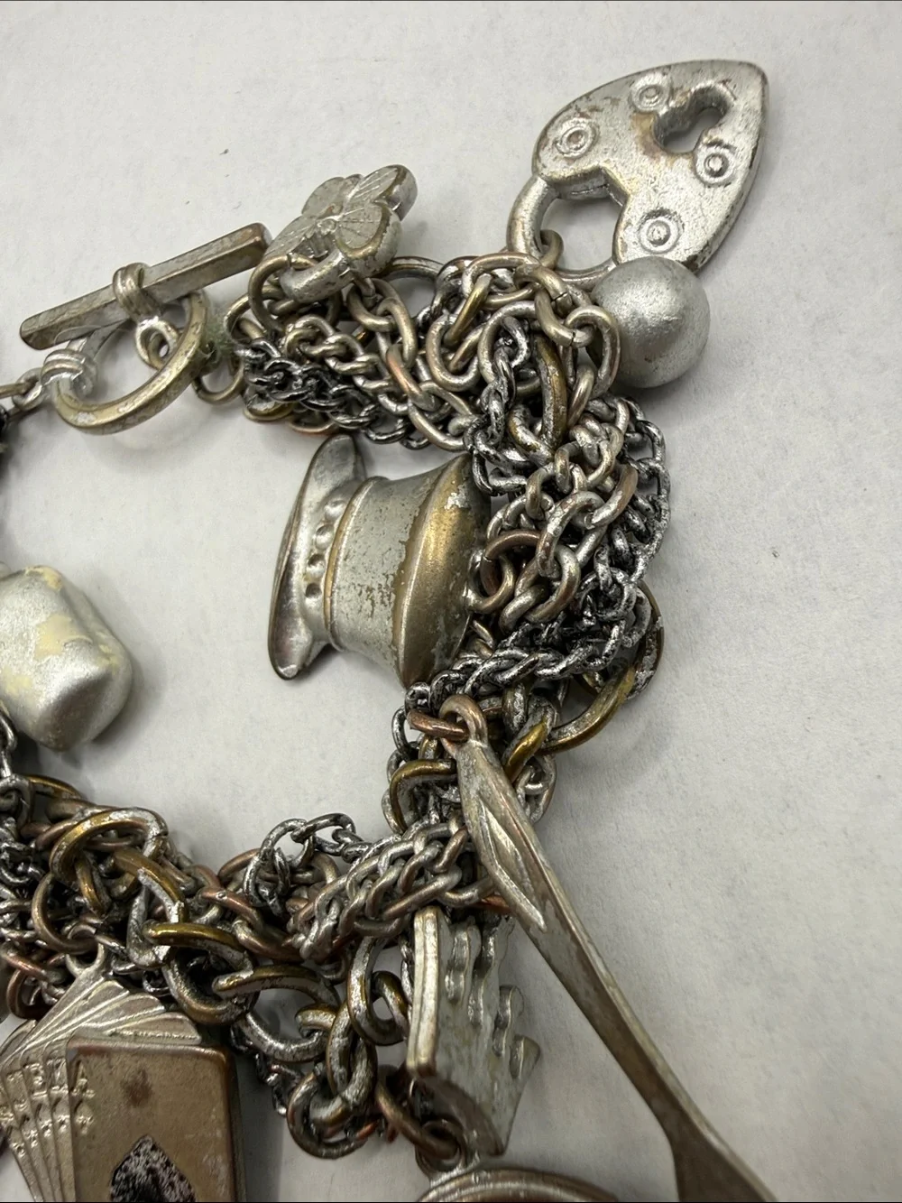 Alice & Wonderland Silver tone Charm Bracelet rabbit Playing Cards Charms as is